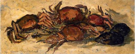 Giovanni Bartolena Livorno 1866 – 1942 GRANCHI E COZZE olio su cartone, cm...