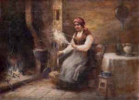 Giuseppe Moscardini Attivo nella prima metà del XX secolo LA FILATRICE olio...