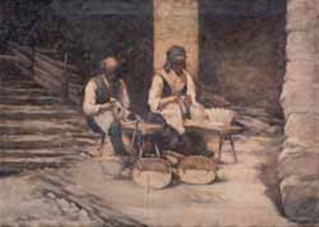 Scuola Italiana del XIX/XX secolo NEL CORTILE olio su tela, cm 48x64