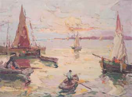 Rudolf Négely Sopron 1883 – 1950 MARINA CON BARCHE olio su tela, cm 60x80....