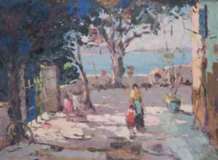 Rudolf Négely Sopron 1883 – 1950 CORTILE SUL MARE olio su tela, cm 60x80....