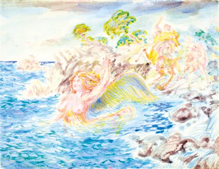 ALIGI SASSU (Milano 1912 - 2000), Sirena alata, 1985 acrilici su carta...