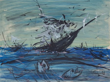 LUIGI SPAZZAPAN (1889-1958)Il naufragioTecnica mista su cartacm 50x36Firma al...