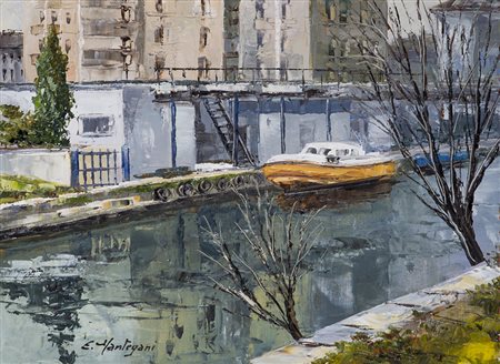 EUGENIO MANTEGANI (1929-2005)Marinai d'Italia alla DarsenaOlio su telacm...