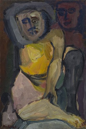 UMBERTO MILANI (1921-1969)Due figure, 1947Olio su compensatocm 30x21Firma al...