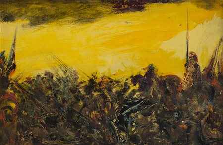 ALIGI SASSU (1921-2000)Il cavaliere, 1954Olio su cartone intelatocm...