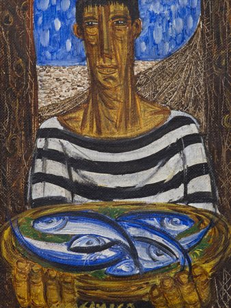 GIUSEPPE MINGECO (1908-1997)Pescatore con cesto di pesce, 1988 circaOlio su...