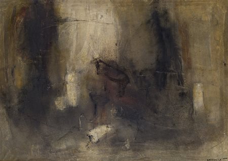 GIANCARLO CAZZANIGA (1930-2013)Tavolo da lavoro, 1960Olio e tecnica mista su...