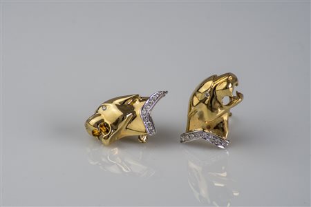 Orecchini pantera in oro 18kt, gr 18.40. Diamanti cts 0.34. . . [Nessun...