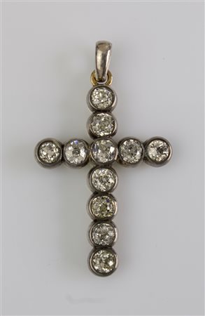 Ciondolo a croce in oro bianco e rosa 18kt, 7.72. Diamanti taglio antico cts...