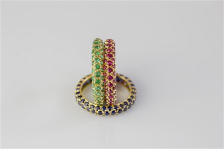 Trittico in oro giallo 18kt composto da fede in smeraldi, fede in zaffiri,...