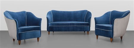 DUE POLTRONE E UN SOFA', anni '50. Strutture e gambe in legno, imbottiture...