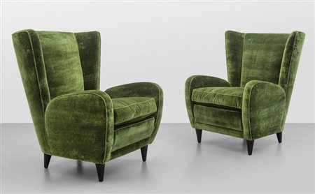 DUE POLTRONE, anni '50. Strutture e gambe in legno, imbottiture rivestite In...