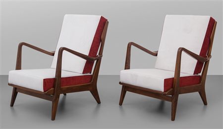 GIO PONTI Due poltrone "516" per CASSINA, anni '50. Legno di noce, cuscini...