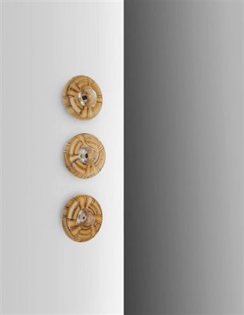 BAROVIER & TOSO Tre lampade da parete, fine anni '50. Lamierino cromato,...