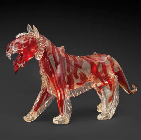 FLAVIO POLI, IVAMFigura di tigre in cristallo soffiato trasparente e...