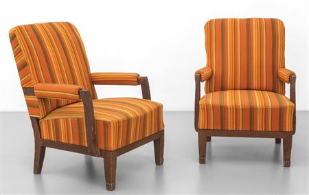 PIERLUIGI COLLI Due poltrone, anni "30. Strutture in legno, imbottiture...