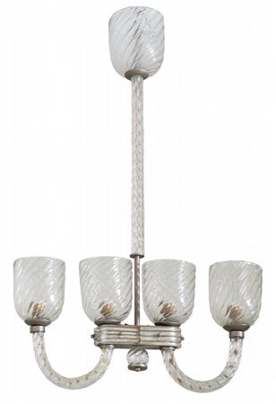 BAROVIER & TOSO Un lampadario, anni '40. Vetro ritorto, metallo nichelato. Cm...