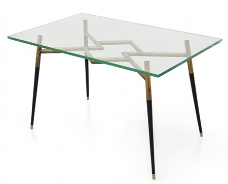 UN TAVOLINO, anni '60.Ottone, legno tornito, cristalloCm 51 (h) x 85 x 53.