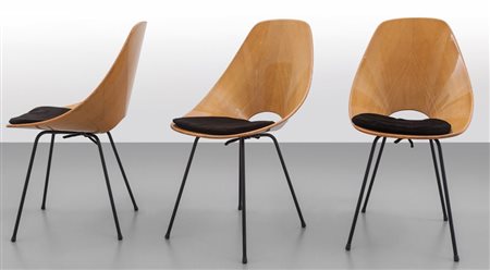 VITTORIO NOBILITre sedie "Medea" per FRATELLI TAGLIABUE, 1955. Ferro...