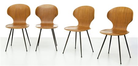 INDUSTRIA LEGNI CURVATI di CARLO RATTI Quattro sedie, anni "50. Ferro...