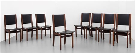 OTTO SEDIE, anni "60. Struttura in legno di teak tinto all"anilina, sedili e...