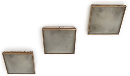 TRE PLAFONIERE, anni "60. Lamierino verniciato, ottone, vetro ghiacciato. Cm...
