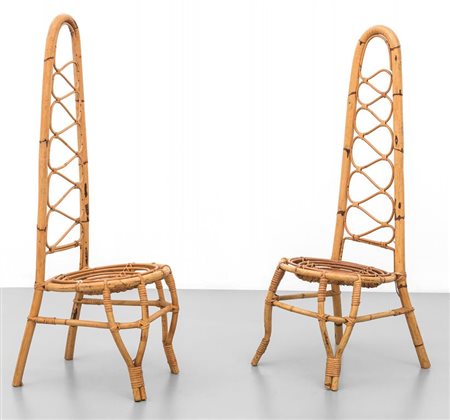DUE SEDIE, anni '60.Malacca, bambù.Altezza cm 118, larghezza 40, profondità 45.