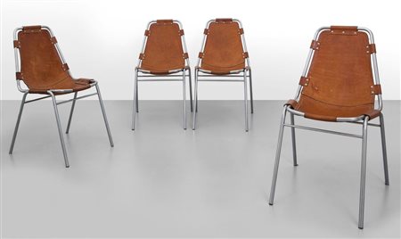 CHARLOTTE PERRIANDQuattro sedie "Les Arcs", anni '60Tubo di acciaio cromato,...