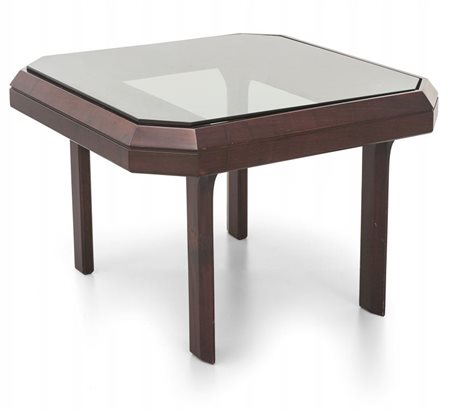 UN TAVOLINO, anni '60legno di mogano tinto all'anilina, cristallo grigio. Cm...