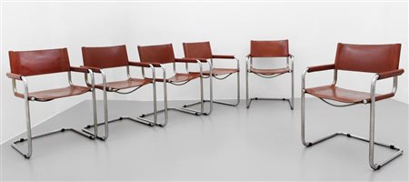 SEI POLTRONCINE "MG", 1979. Acciaio tubolare curvato e cromato, cuoio....