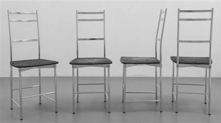 YCAMI (Editore) Quattro sedie "Bagutta", 1980. Alluminio, paglia intrecciata....