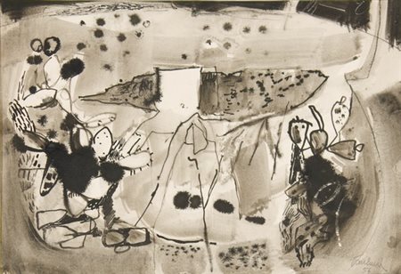 Enrico Paulucci, Paesaggio, 1954 Acquarello e china su carta, cm. 25x35 Firma...