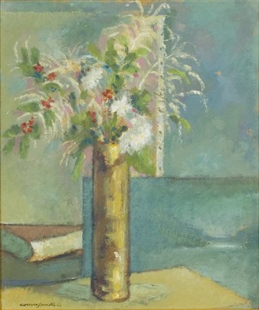 Romano Conversano, Fiori, 1943 Olio su tavola, cm. 35x30 Firma in basso a...