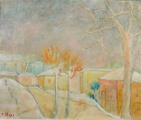 Piero Slongo, Ultima neve, 1970 Tecnica mista su tavola, cm. 50x60 Firma in...