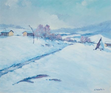 Gilberto Casellato, Neve a Navasa, Tecnica mista su tela, cm. 50x60 Firma in...
