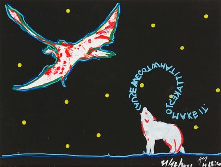 Andrea Mastrovito, Senza titolo, 2001 Tecnica mista su carta, cm. 24x32 Firma...