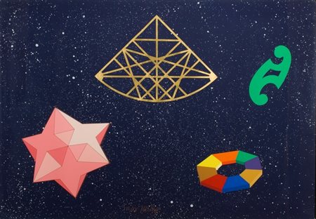 Lucio Del Pezzo, Spettacolo cosmico, 1999 Collage e serigrafia su carta, es....