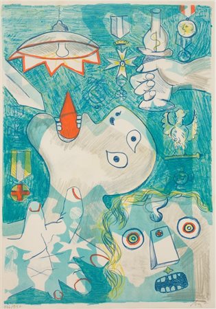 Enrico Baj, Senza titolo, Litografia su carta, es. 136/150, cm. 70x50 Firma...