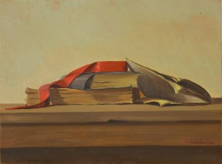 Masaniello Luschi, Libro con nastro rosso, 1966 Olio su tavola, cm. 30x40...