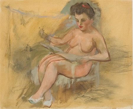 George Grosz, Nude sitting, 1940 Olio su carta, cm. 47x60 Firma in basso a...