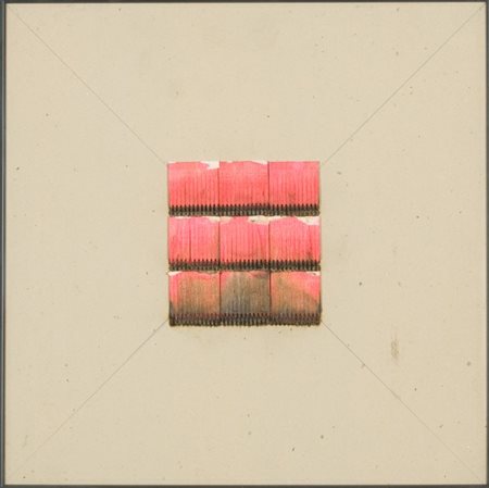 Bernard Aubertin, Jeu de feu, 1974 Fiammiferi su cartone, cm. 45x45 Firma sul...