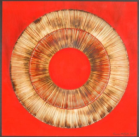 Bernard Aubertin, Dessin de feu sur table rouge, 2009 Fiammiferi bruciati su...