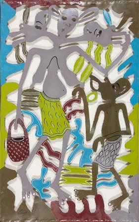 George Lilanga, Senza titolo, Olio su metallo decoupé, cm. 122x76 Firma in...