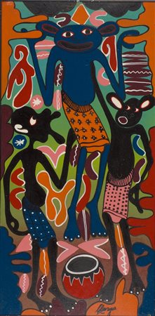 George Lilanga, Kaka huu Intungi tusaidiane, 1993 Olio su tavola, cm. 60x30...