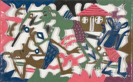 George Lilanga, Senza titolo, Olio su metallo decoupé, cm. 76x121 Firma in...