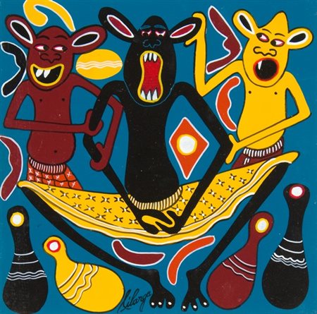 George Lilanga, Basi ituato sha mjomba, 1999 Olio su tavola, cm. 30x30 Firma...