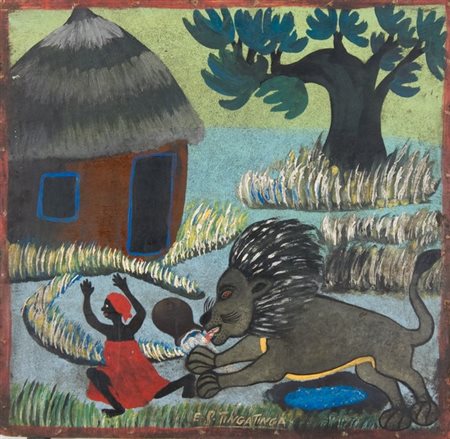 Edward Saidi Tingatinga, Senza titolo, Tecnica mista su tavola, cm. 60x61...