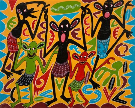 George Lilanga, Tucheze wote pamoja, 1996 Olio su tela, cm. 71x89 Firma in...