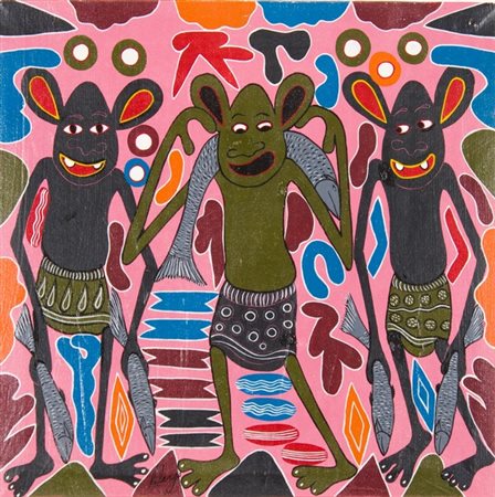 George Lilanga, Hawa wafanja biasha ja samaki, 1996 Olio su tela, cm. 62x62...